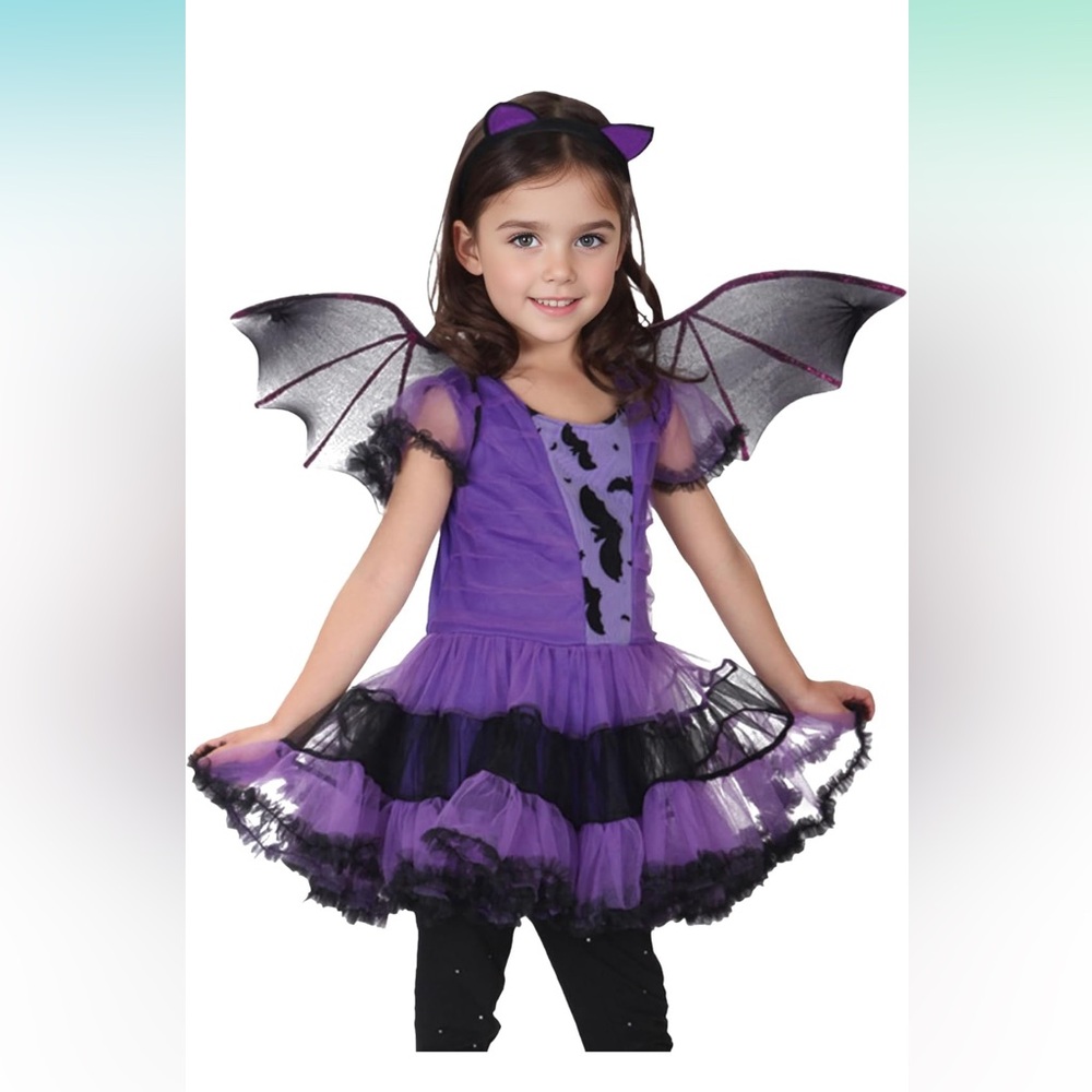 Purple Bat Girl Halloween Costume tutu dress headpiece and wings size -various - Picture 6 of 6